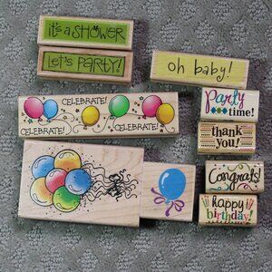 Lot of 10 Good Preowned Shower Birthday Party Themed Wood Mounted Stamps